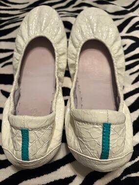 Tieks Diamond White Croc Ballet Flats Women’s Size 8 Teal Sole Leather